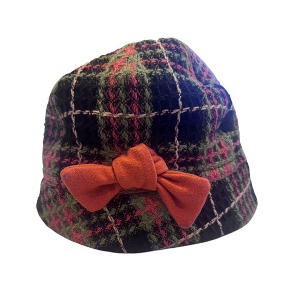 Kate Landry Wool Blend Bucket Hat Black Green Orange Plaid with Orange Bow - Picture 1 of 5